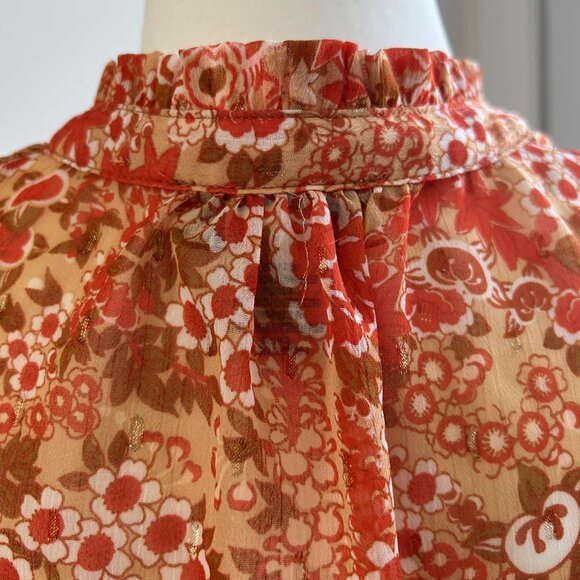 Rachel Zoe Orange Chiffon Floral Metallic Flutter Blouse with Smocked Hem – US M - Picture 4 of 8